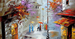 Vibrant Cityscape Oil Painting - Textured Street Scene